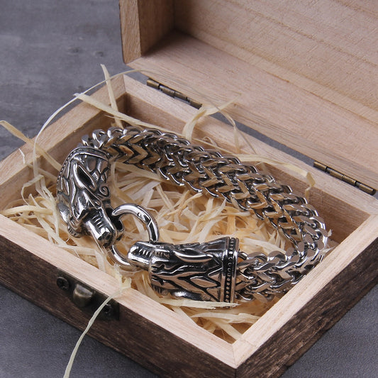 Explore the allure of Norse mythology with our meticulously crafted Cuban Chain bracelet, featuring intricate wolf heads with secure spring clasps biting onto a symbolic split ring. Elevate your style with this celestial-inspired Norse jewelry, perfect for those who appreciate stainless steel jewelry and mythical symbolism.