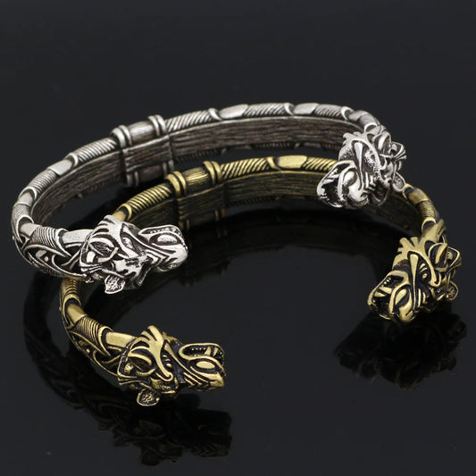 Silver viking wolf arm ring featuring Geri and Freki design